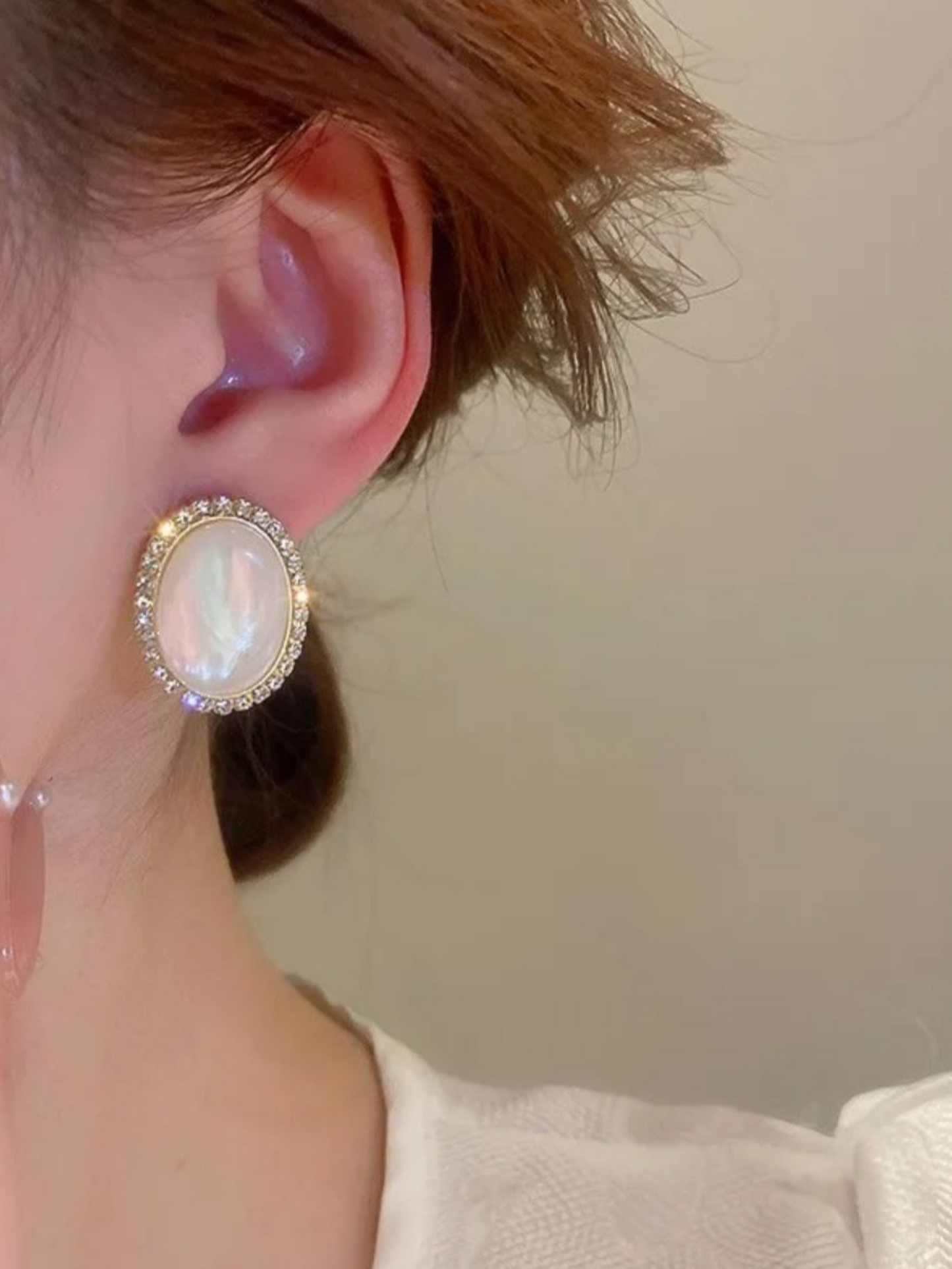 Classic Big Opal Oval Studs Korean Earrings