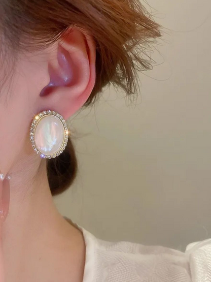 Classic Big Opal Oval Studs Korean Earrings