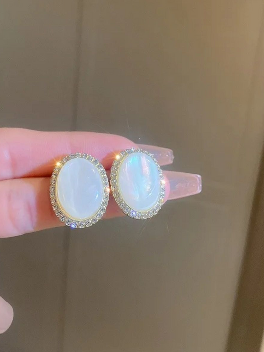 Classic Big Opal Oval Studs Korean Earrings