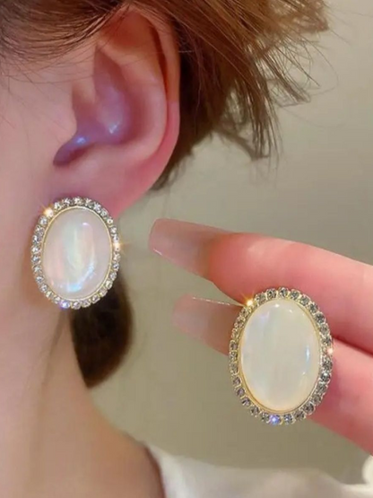 Classic Big Opal Oval Studs Korean Earrings
