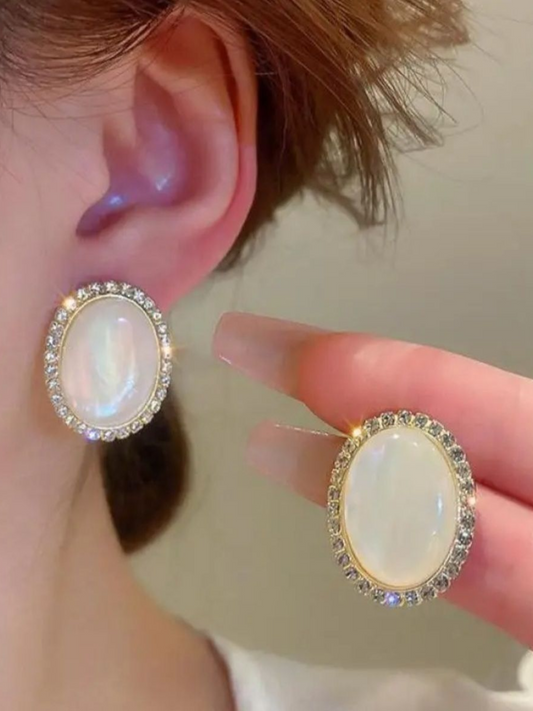 Classic Big Opal Oval Studs Korean Earrings