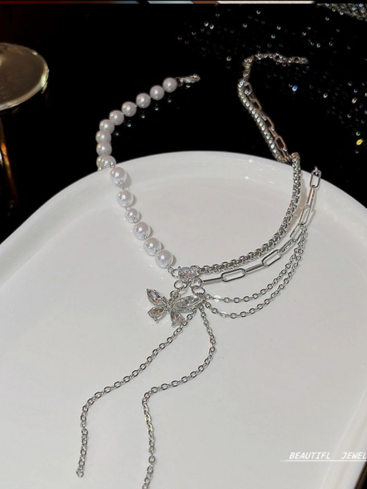 Pearls And Loops Double Layered Anti Tarnished Butterfly Necklace