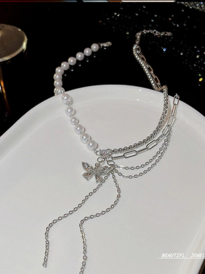 Pearls And Loops Double Layered Anti Tarnished Butterfly Necklace