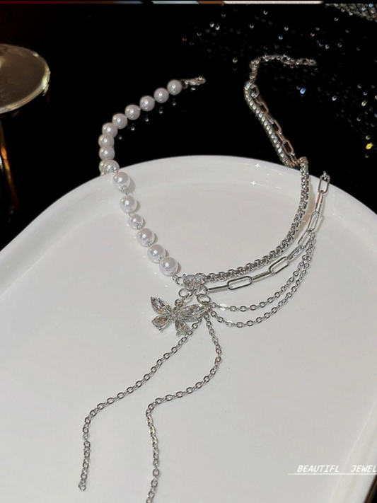 Pearls And Loops Double Layered Anti Tarnished Butterfly Necklace