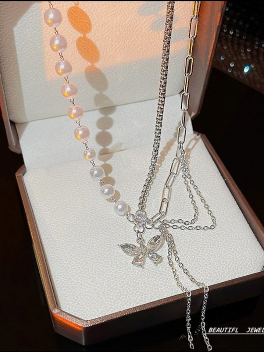 Pearls And Loops Double Layered Anti Tarnished Butterfly Necklace