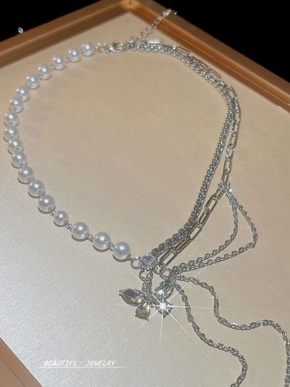 Pearls And Loops Double Layered Anti Tarnished Butterfly Necklace