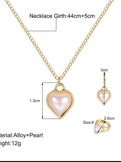 Opal Heart Pendant Necklace Set With A Big Finger Ring And Earrings