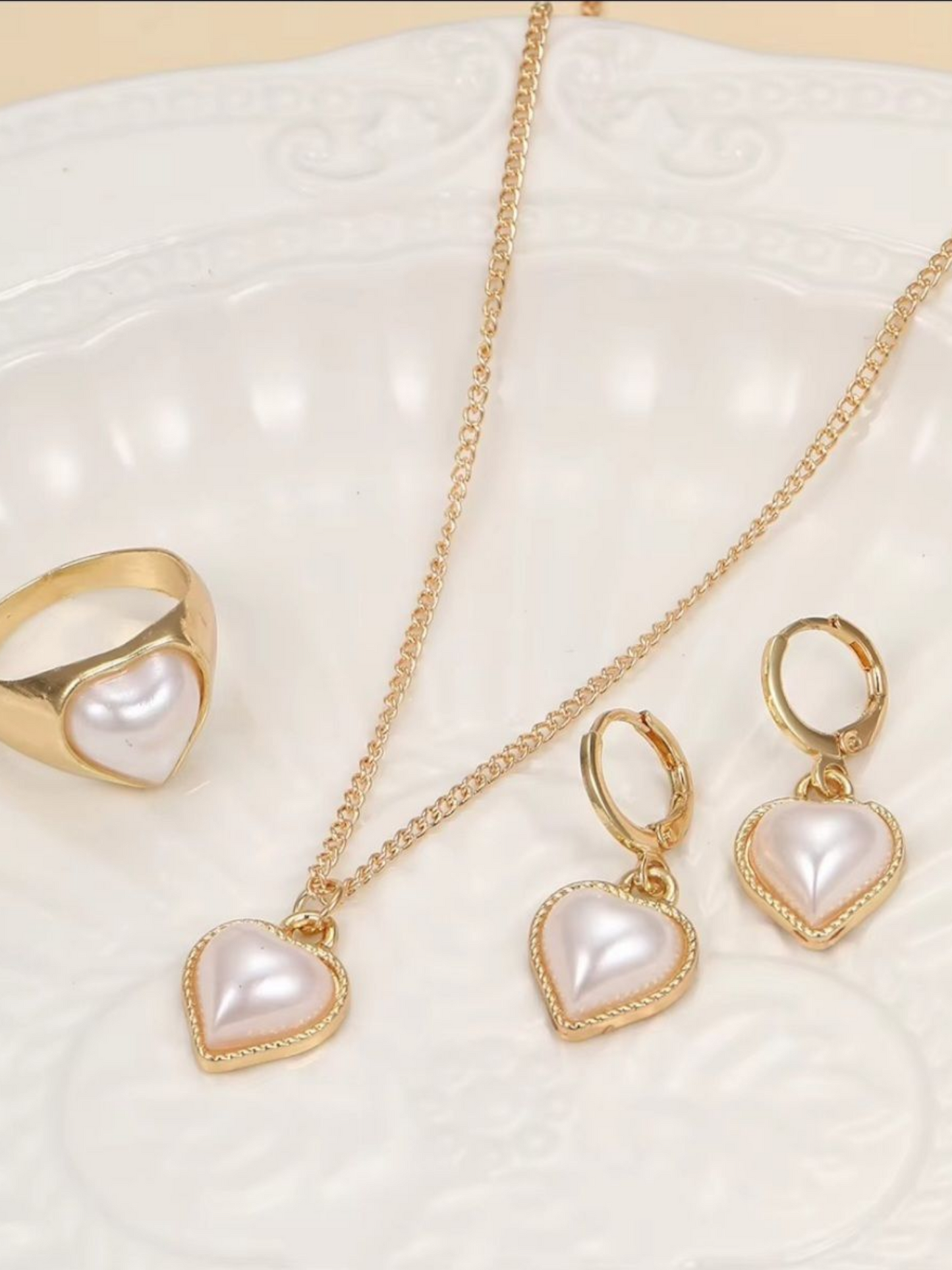 Opal Heart Pendant Necklace Set With A Big Finger Ring And Earrings