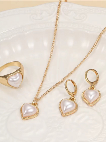 Opal Heart Pendant Necklace Set With A Big Finger Ring And Earrings