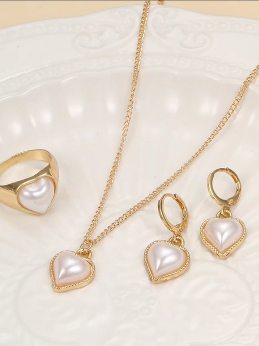 Opal Heart Pendant Necklace Set With A Big Finger Ring And Earrings