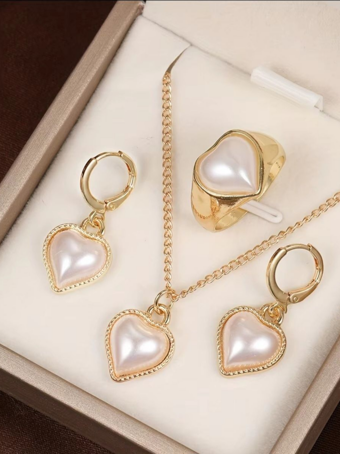 Opal Heart Pendant Necklace Set With A Big Finger Ring And Earrings