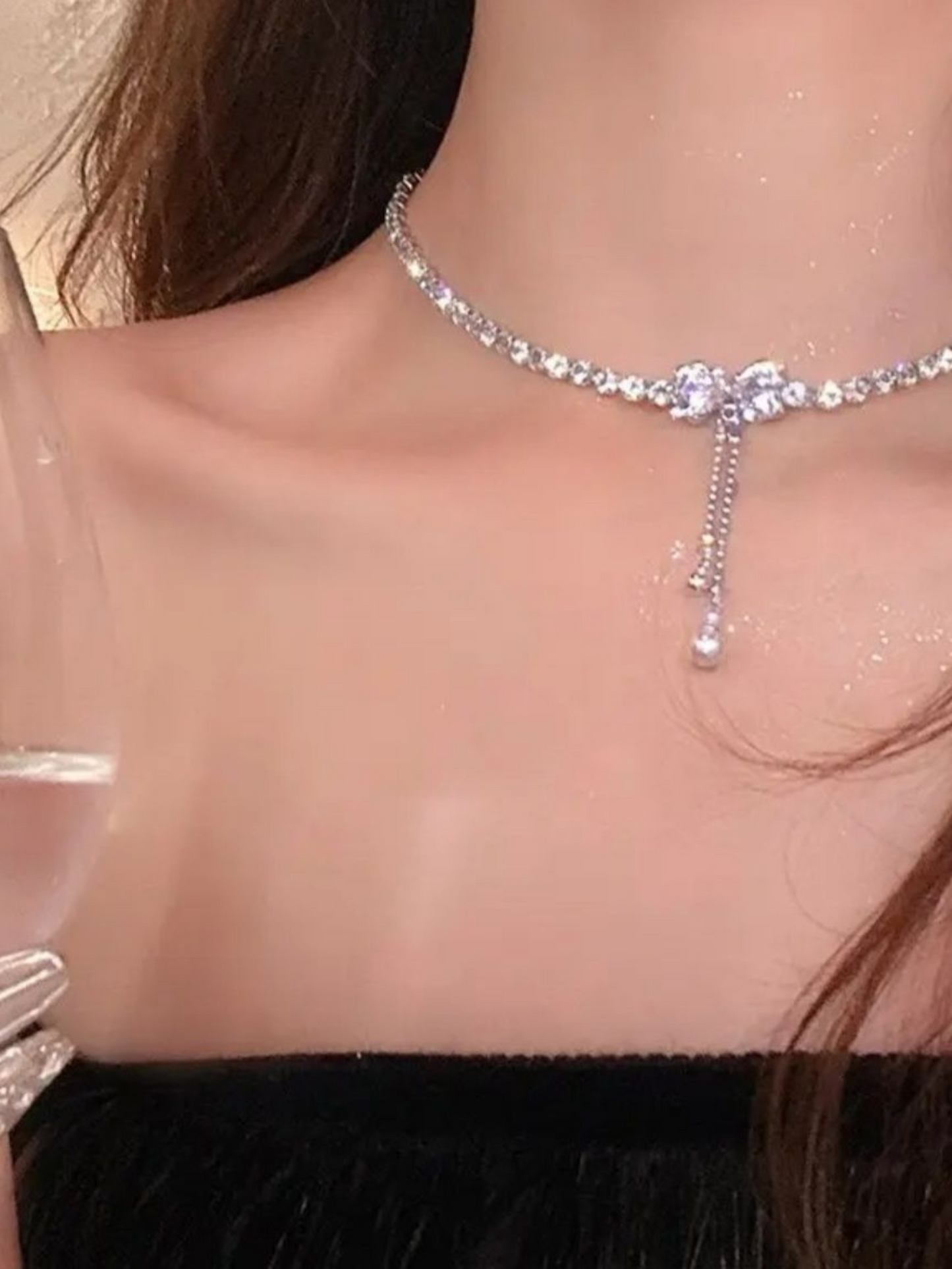 Shimmering Rhinestones Tassel Drop Bow Necklace