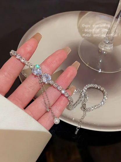 Shimmering Rhinestones Tassel Drop Bow Necklace