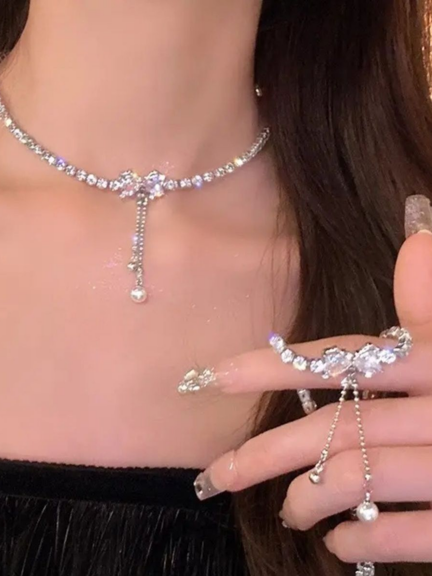 Shimmering Rhinestones Tassel Drop Bow Necklace