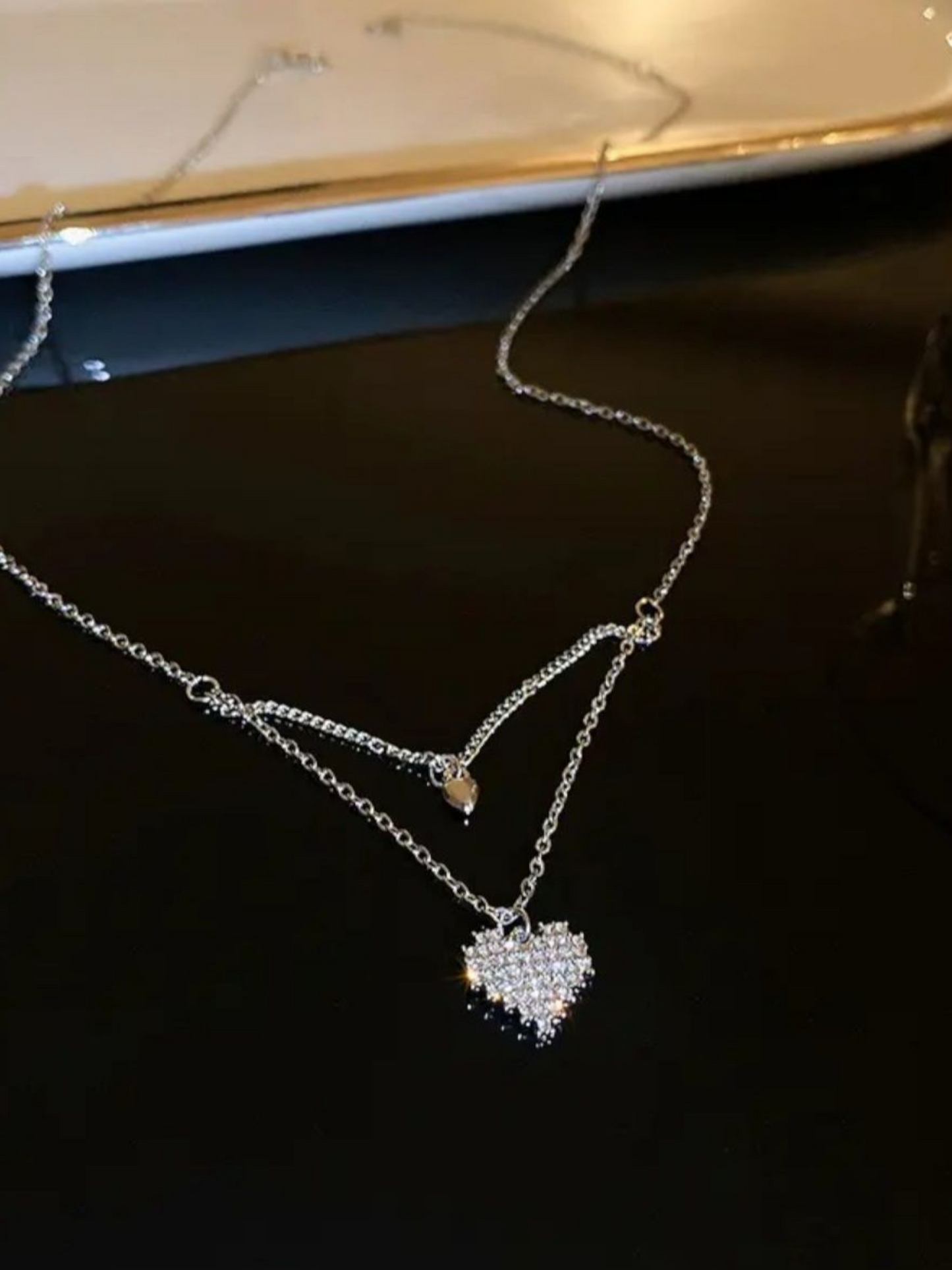 Double Layered Heart On Heart Rhinestone Studded Beautiful Necklace