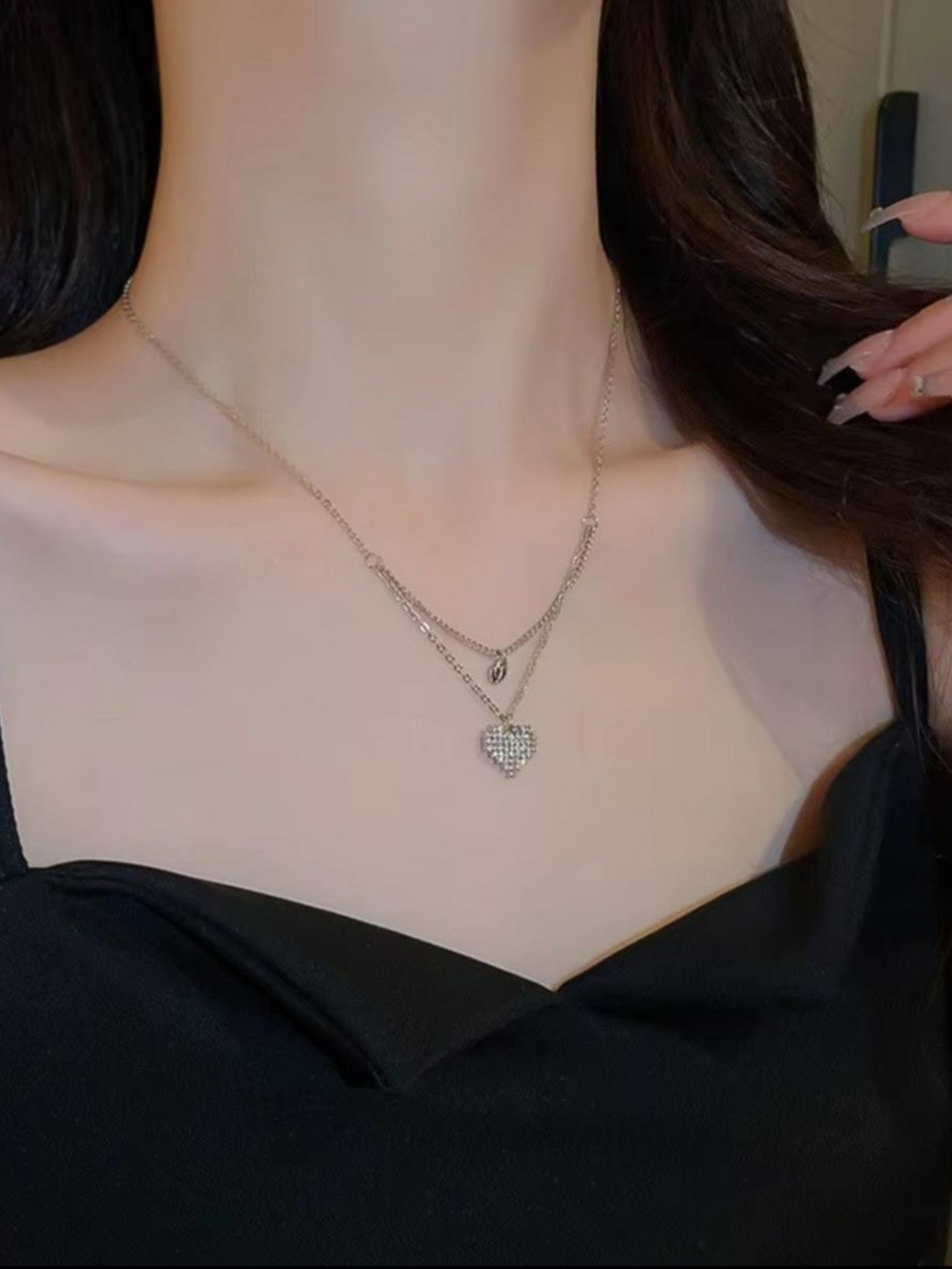 Double Layered Heart On Heart Rhinestone Studded Beautiful Necklace