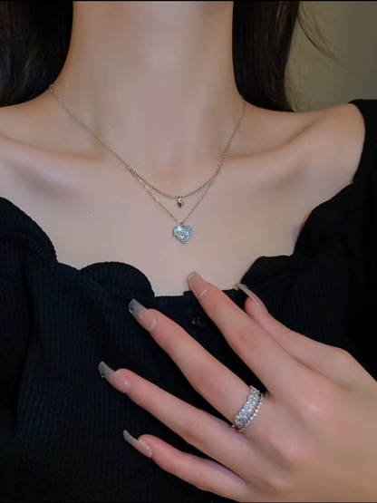 Double Layered Heart On Heart Rhinestone Studded Beautiful Necklace