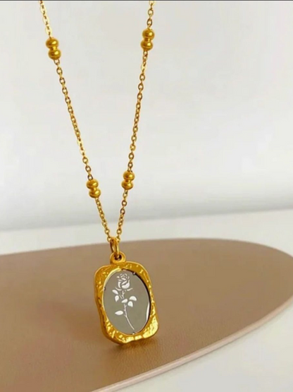 Beaded Chain Rose Engraved Heavy Pendant Necklace