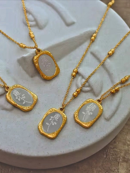 Beaded Chain Rose Engraved Heavy Pendant Necklace