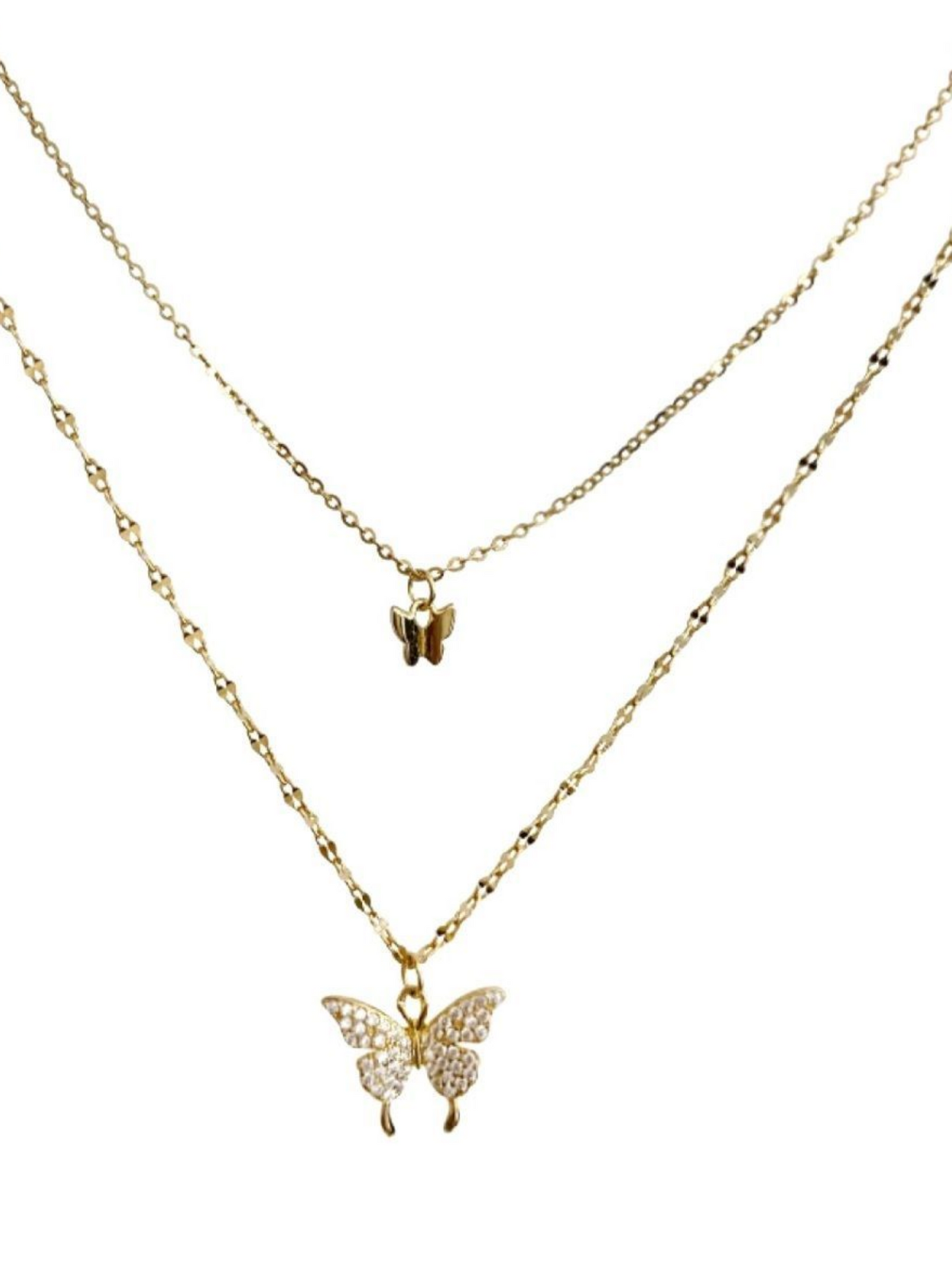 Double Layered Double Butterfly Beaded Chain Shimmer Necklace
