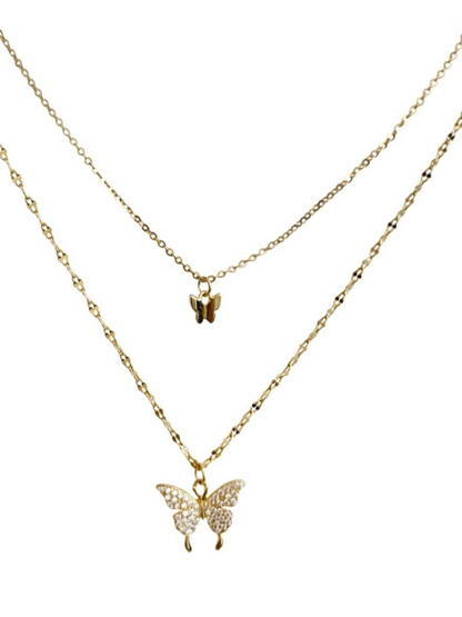Double Layered Double Butterfly Beaded Chain Shimmer Necklace