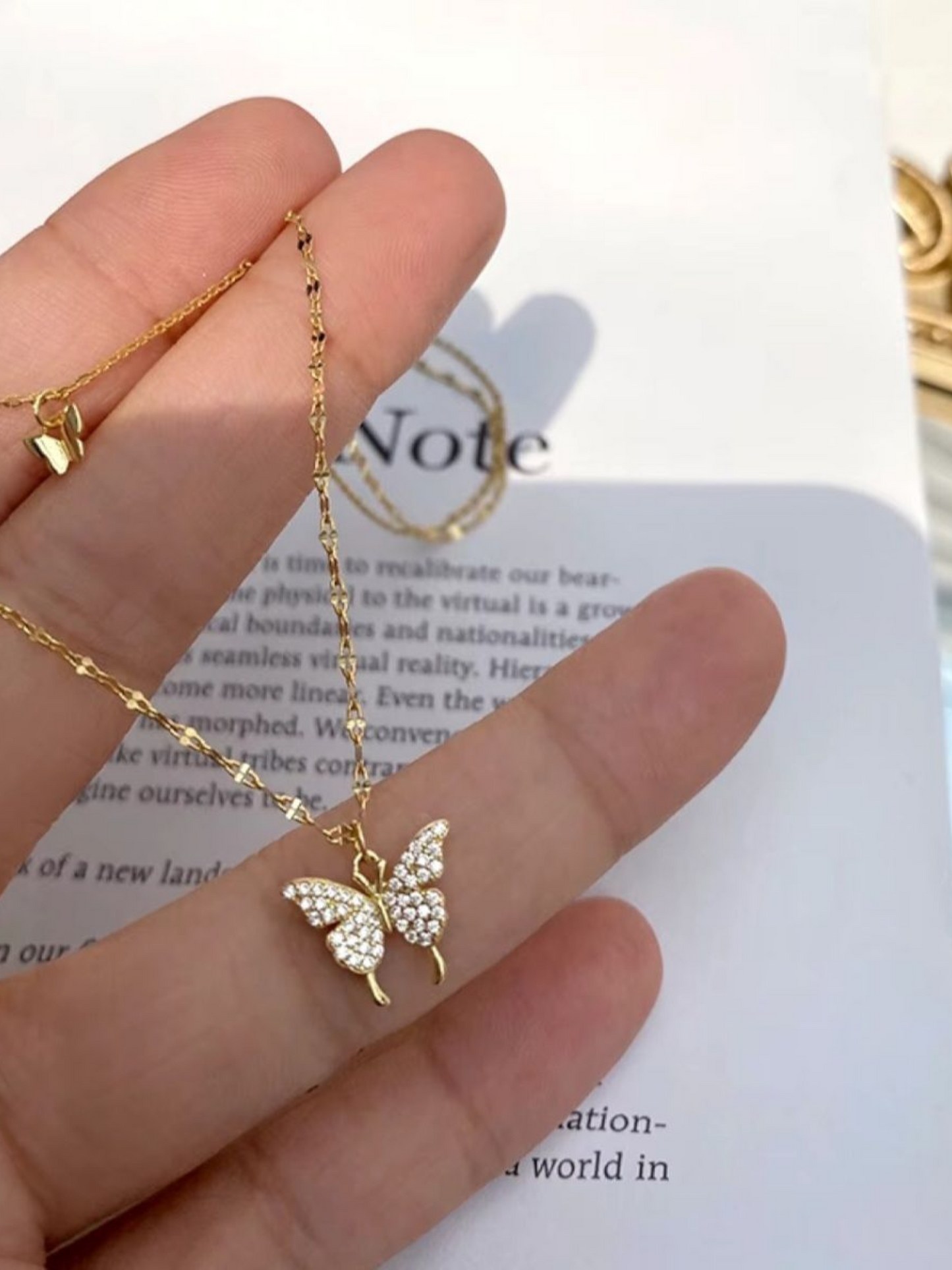 Double Layered Double Butterfly Beaded Chain Shimmer Necklace