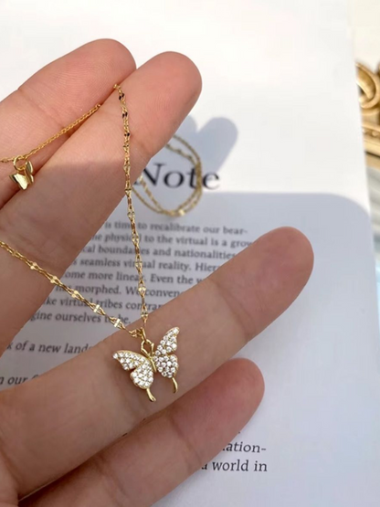 Double Layered Double Butterfly Beaded Chain Shimmer Necklace