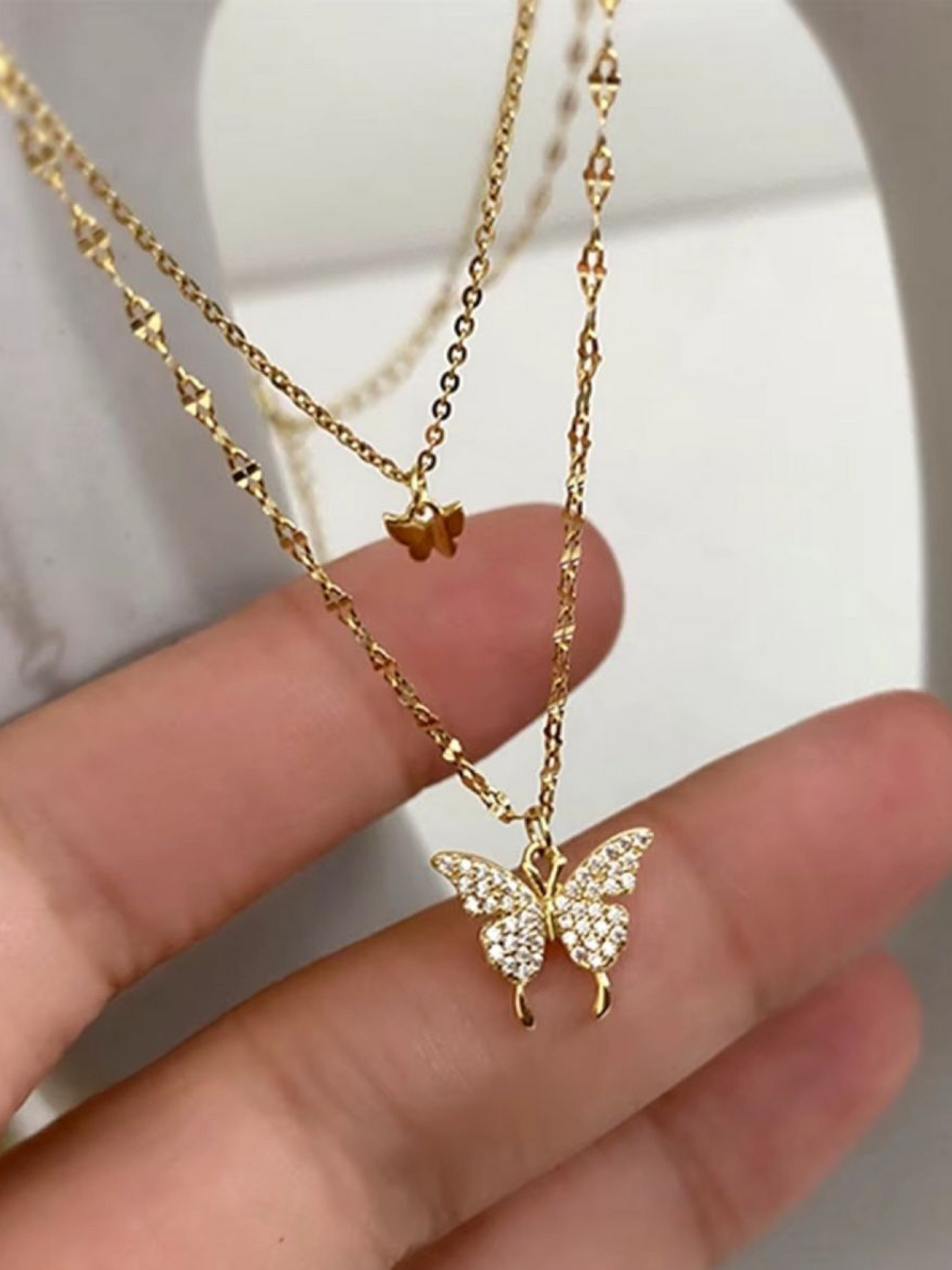 Double Layered Double Butterfly Beaded Chain Shimmer Necklace