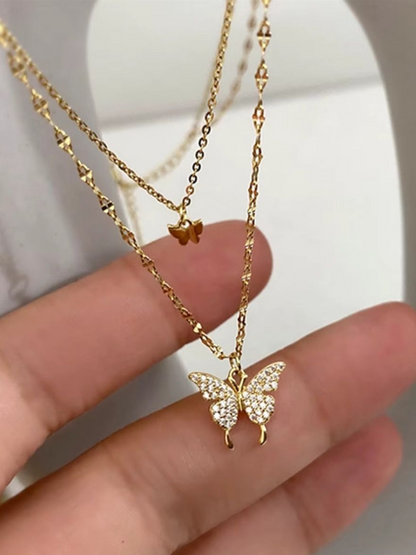 Double Layered Double Butterfly Beaded Chain Shimmer Necklace