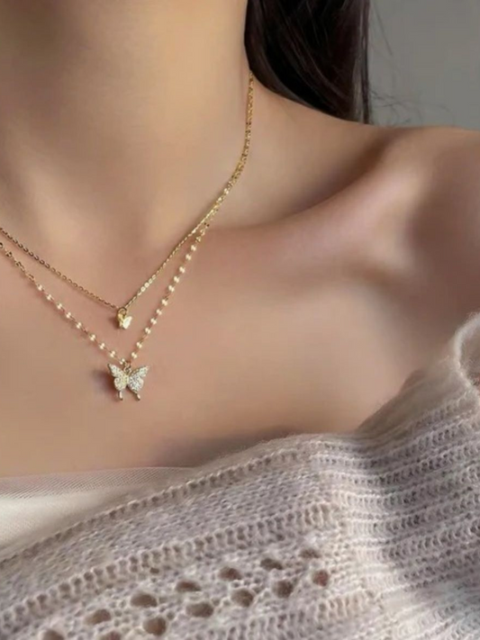 Double Layered Double Butterfly Beaded Chain Shimmer Necklace