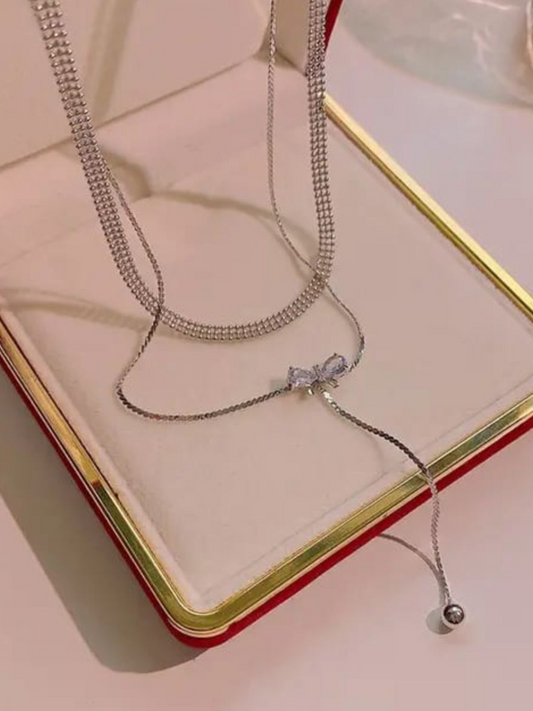 Double Layered Tassel Drop Silver Colour Anti Tarnished Nalecklace