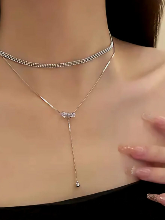 Double Layered Tassel Drop Silver Colour Anti Tarnished Nalecklace