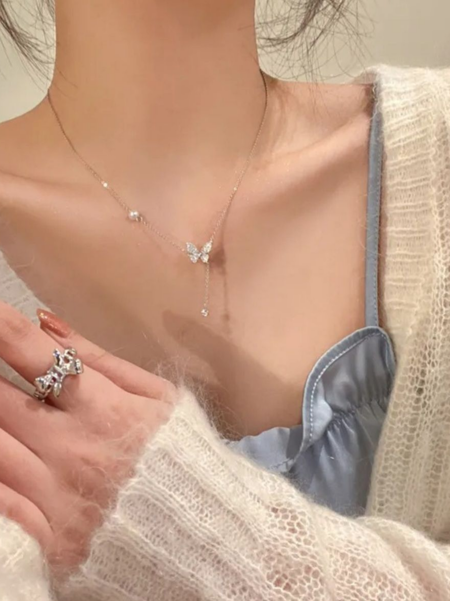 One Side Tassel Single Layer Anti Tarnished Butterfly Necklace