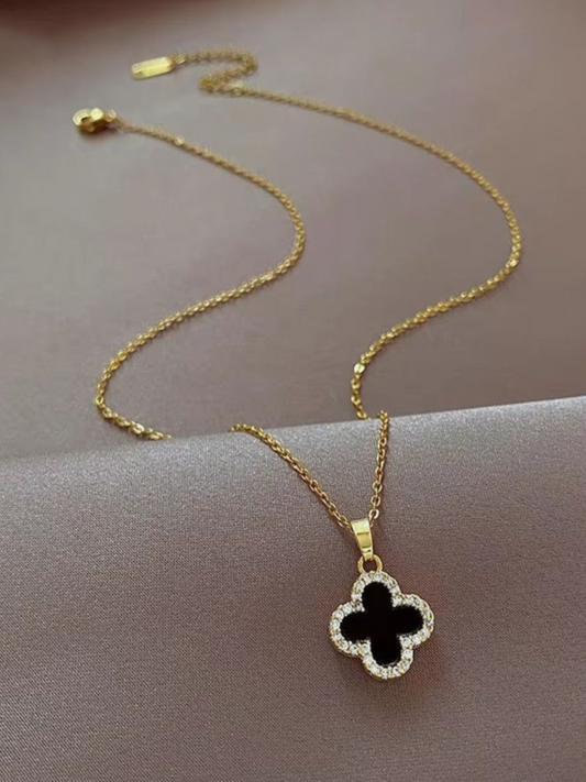 Lucky Charm Four Clover Leaf Black Pendant Trending Necklace