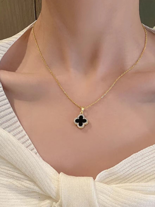 Lucky Charm Four Clover Leaf Black Pendant Trending Necklace