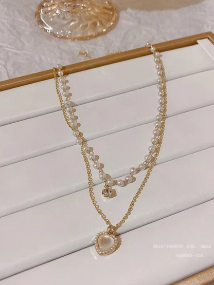 Pearl Love Double Layered Heart  Pendant Anti Tarnished Necklace