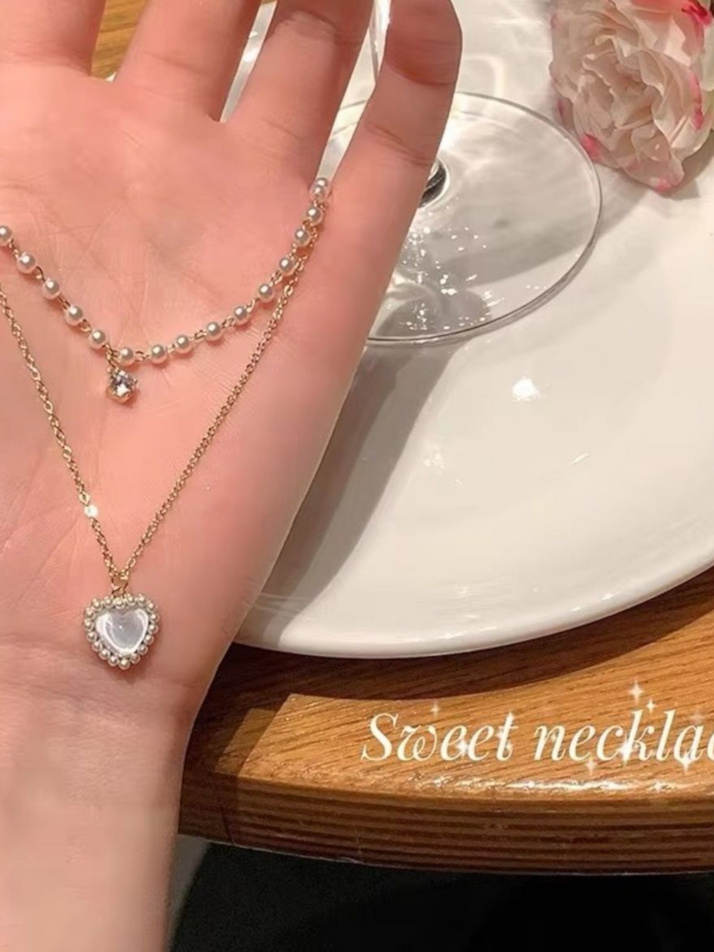 Pearl Love Double Layered Heart  Pendant Anti Tarnished Necklace