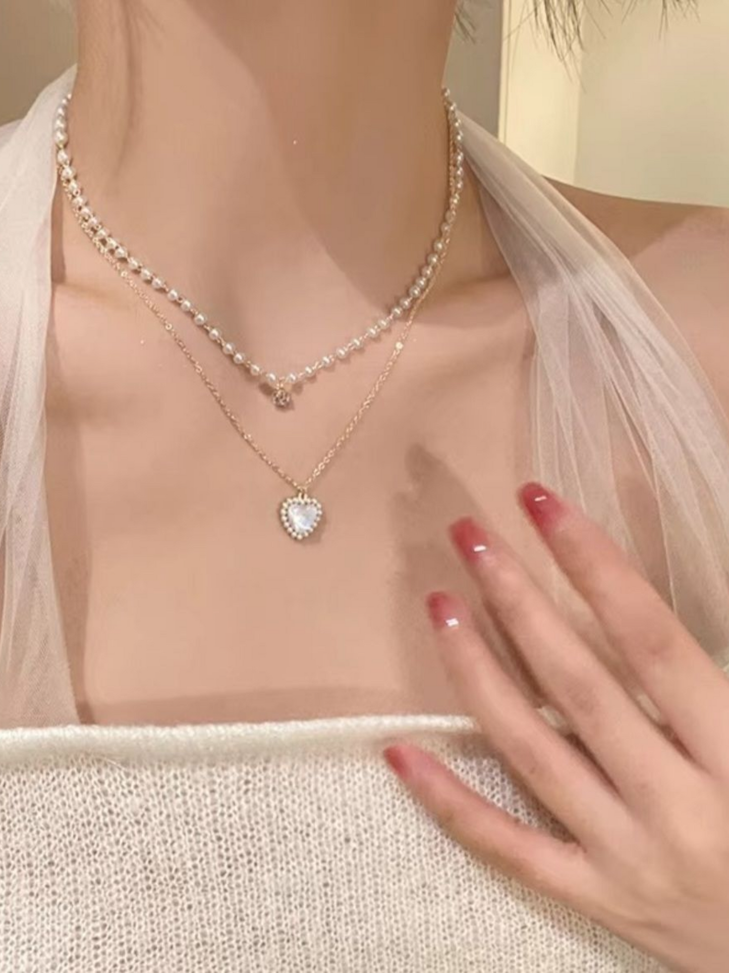 Pearl Love Double Layered Heart  Pendant Anti Tarnished Necklace