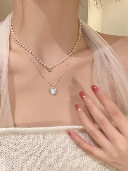 Pearl Love Double Layered Heart  Pendant Anti Tarnished Necklace