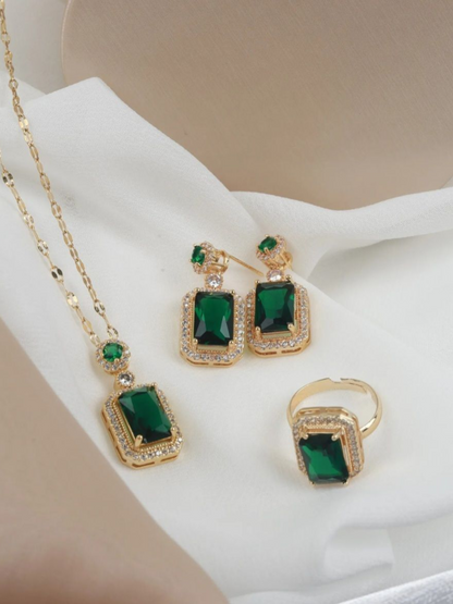 Emarald Green Stone Necklace Earrings And Fingee Ring Combo