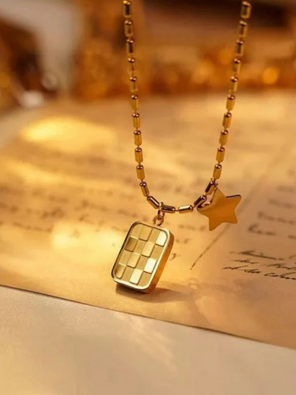 Checkered Square Pendant And Star Charm High Quality Necklace