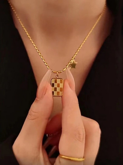 Checkered Square Pendant And Star Charm High Quality Necklace