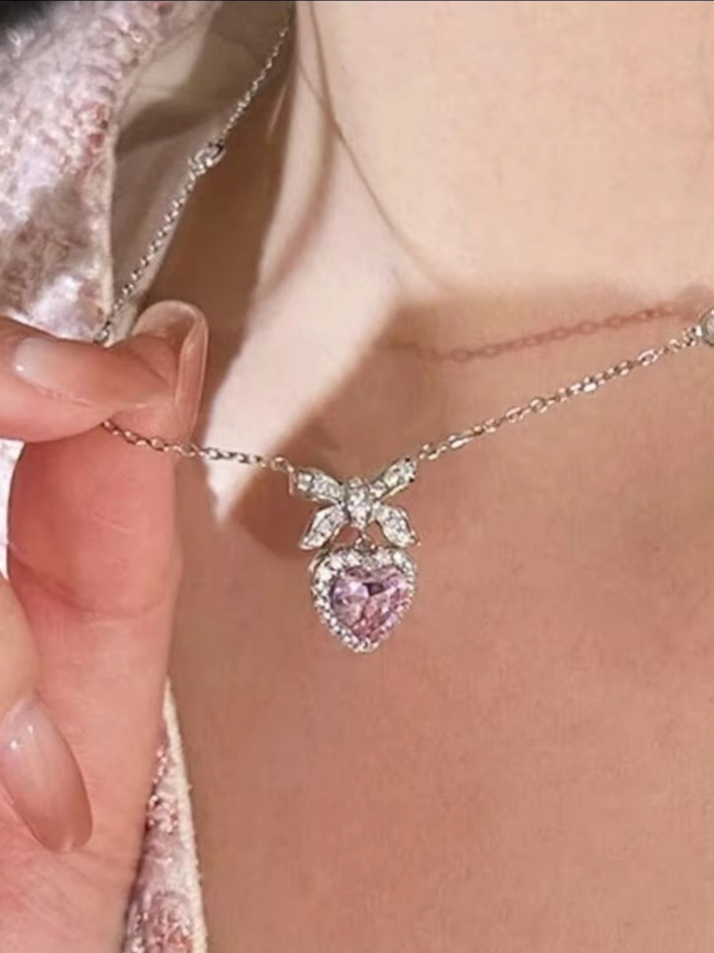 Bow For Love Pink Rhinestone Double Pendant Necklace