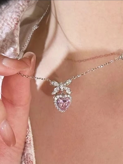 Bow For Love Pink Rhinestone Double Pendant Necklace