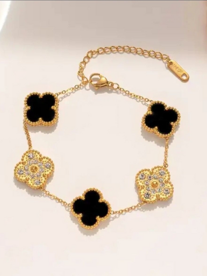 Lucky White And Black Four Leafs Clover Charms Bracelet