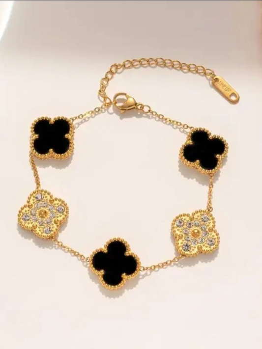 Lucky White And Black Four Leafs Clover Charms Bracelet