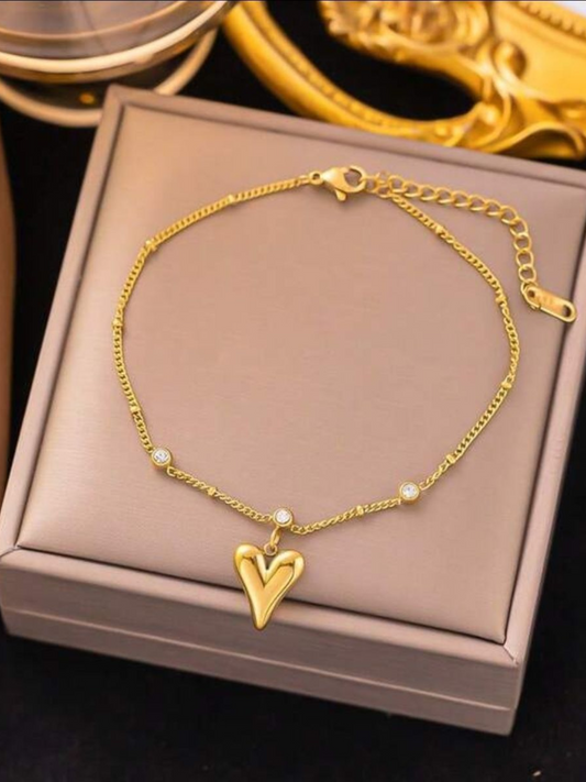 Solid Sleek Heart Pendant Anti Tarnished Necklace With Stones