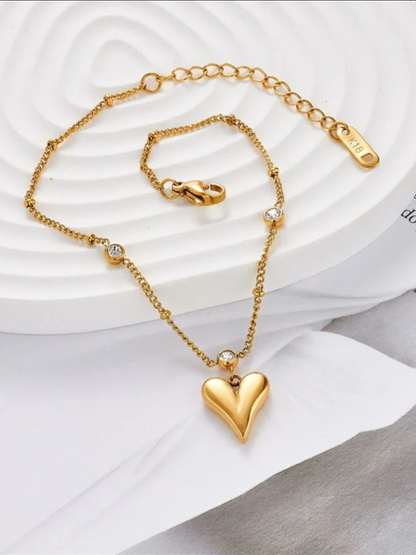 Solid Sleek Heart Pendant Anti Tarnished Necklace With Stones