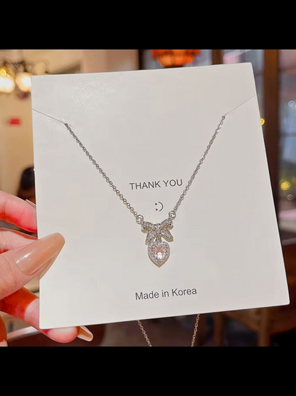 Bow For Love Pink Rhinestone Double Pendant Necklace