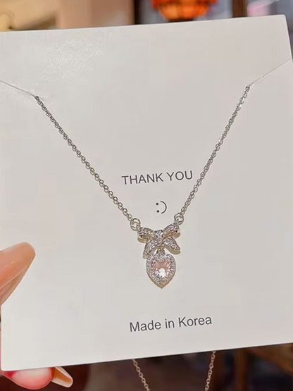 Bow For Love Pink Rhinestone Double Pendant Necklace